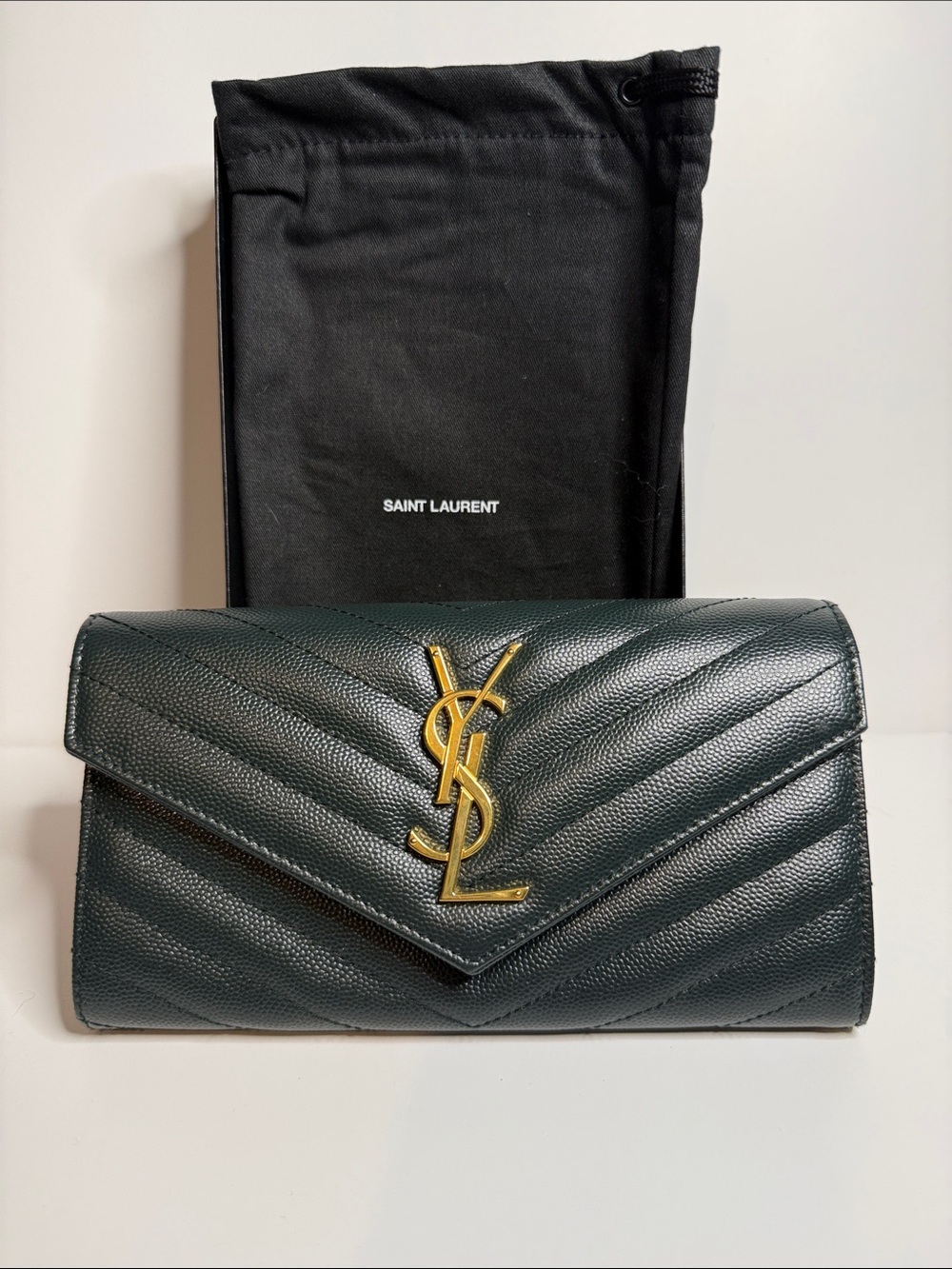 Saint Laurent Green Chevron Leather Wallet with Gold YSL Logo